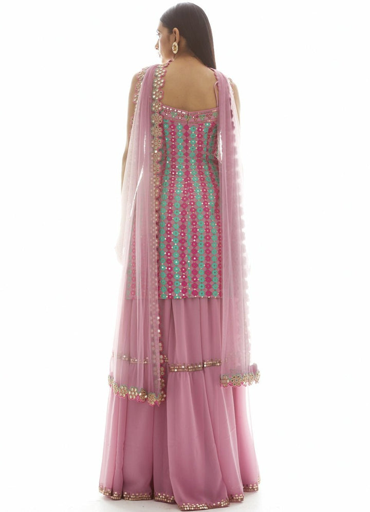 Onion Pink Applique Kurta Sharara Set Vvani by Vani Vats - Fabilicious Fashion