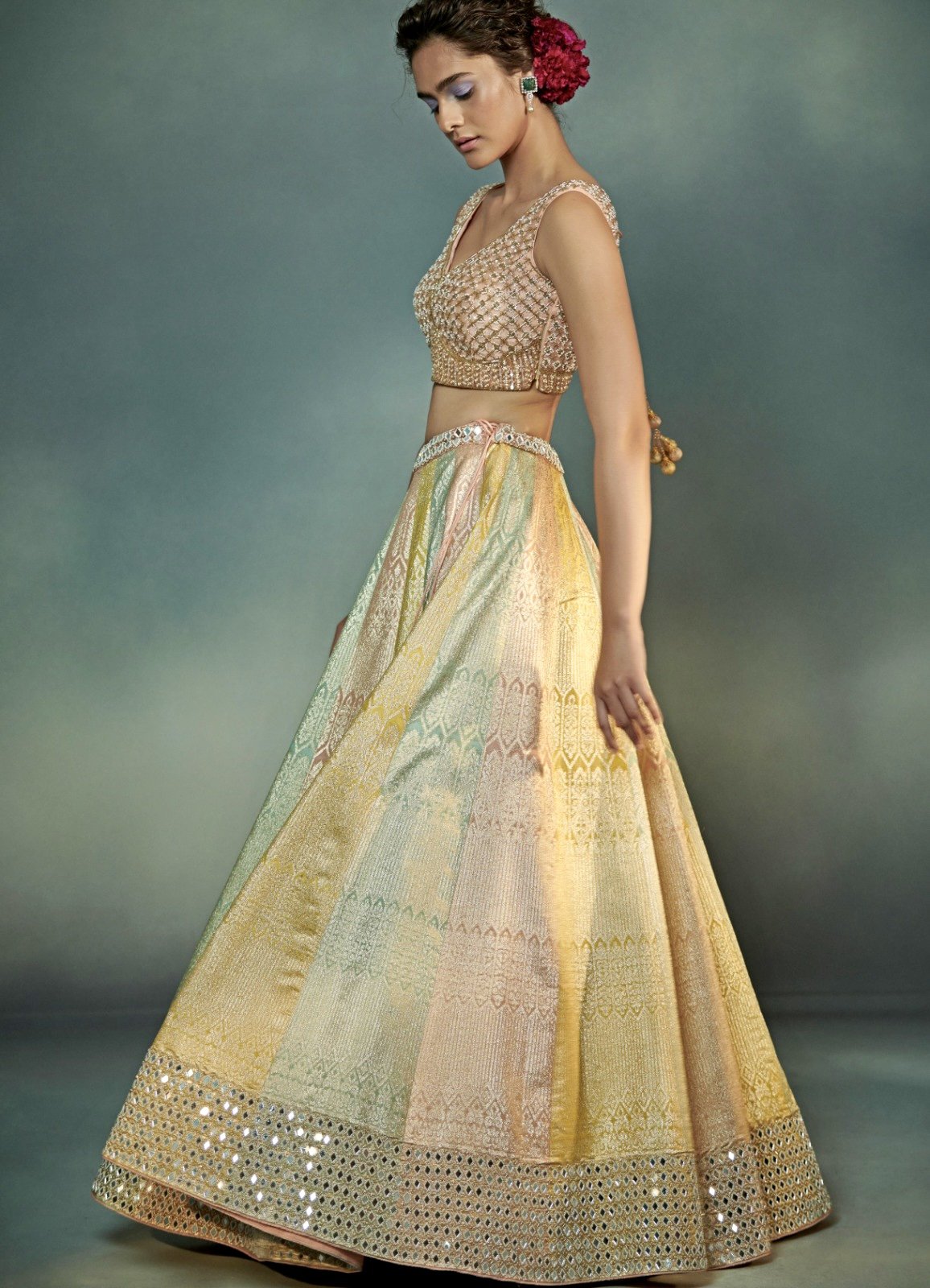 Peach and Yellow Pastel Multi Kali Lehenga Set Suhino