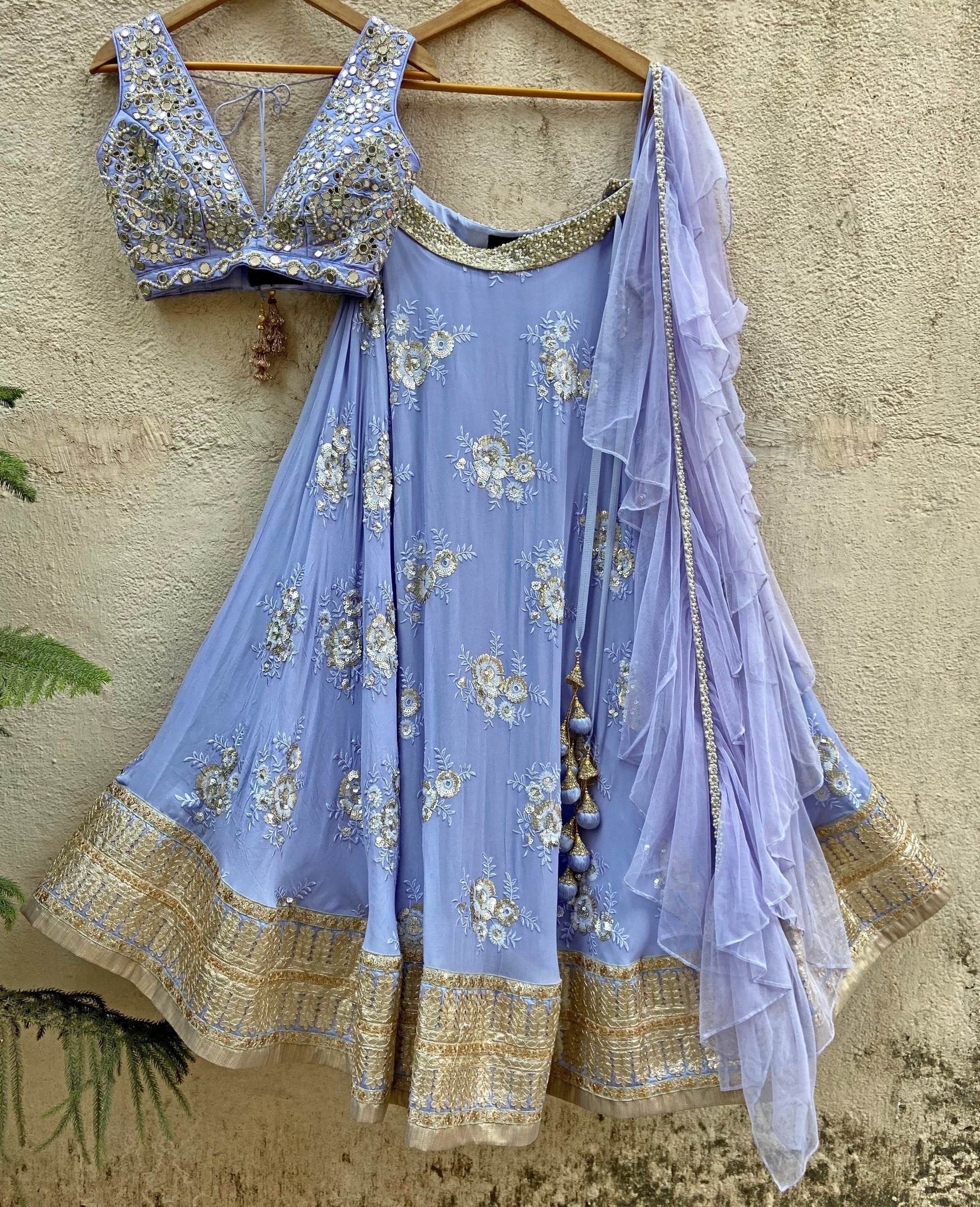 Periwinkle Blue and Gold Mirror Lehenga Set Priti Sahni