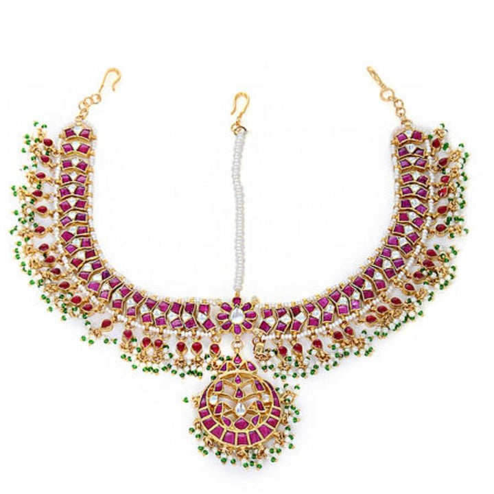 Pink And White Jadtar Stone Mathapatti Riana by Shikha Jindal - Fabilicious Fashion