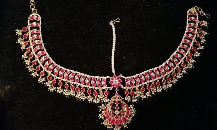 Pink And White Jadtar Stone Mathapatti Riana by Shikha Jindal - Fabilicious Fashion