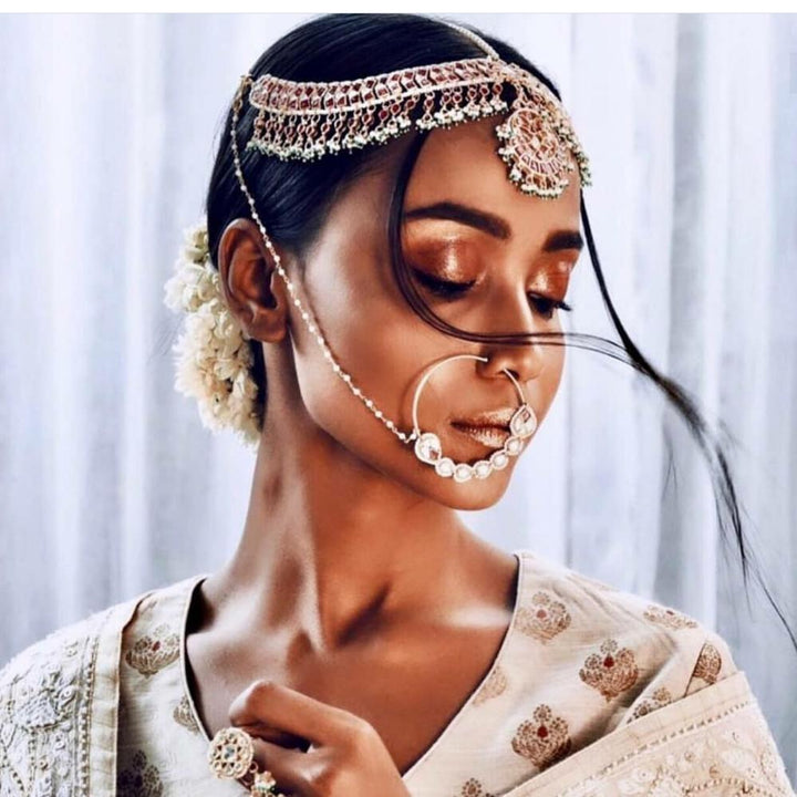 Pink And White Jadtar Stone Mathapatti Riana by Shikha Jindal - Fabilicious Fashion