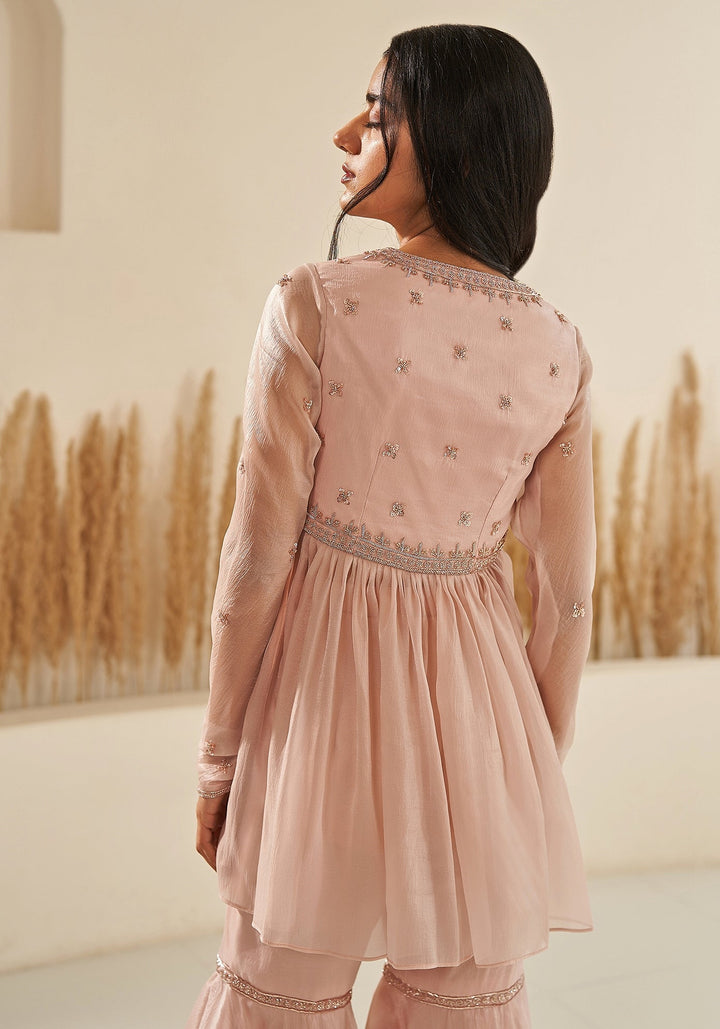Pink Gold Embroidered Organza Sharara Set Zoon Tribe - Fabilicious Fashion