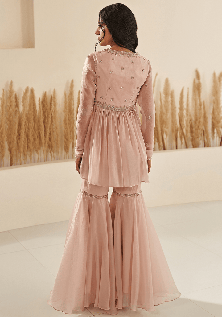 Pink Gold Embroidered Organza Sharara Set Zoon Tribe - Fabilicious Fashion