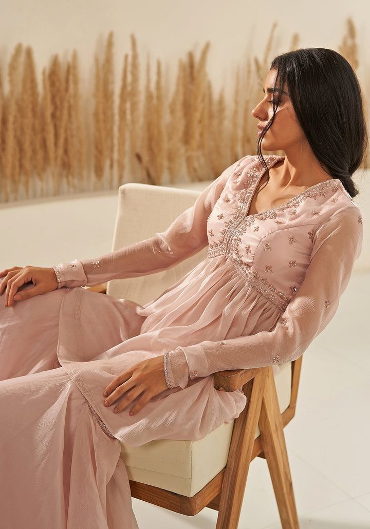 Pink Gold Embroidered Organza Sharara Set Zoon Tribe - Fabilicious Fashion