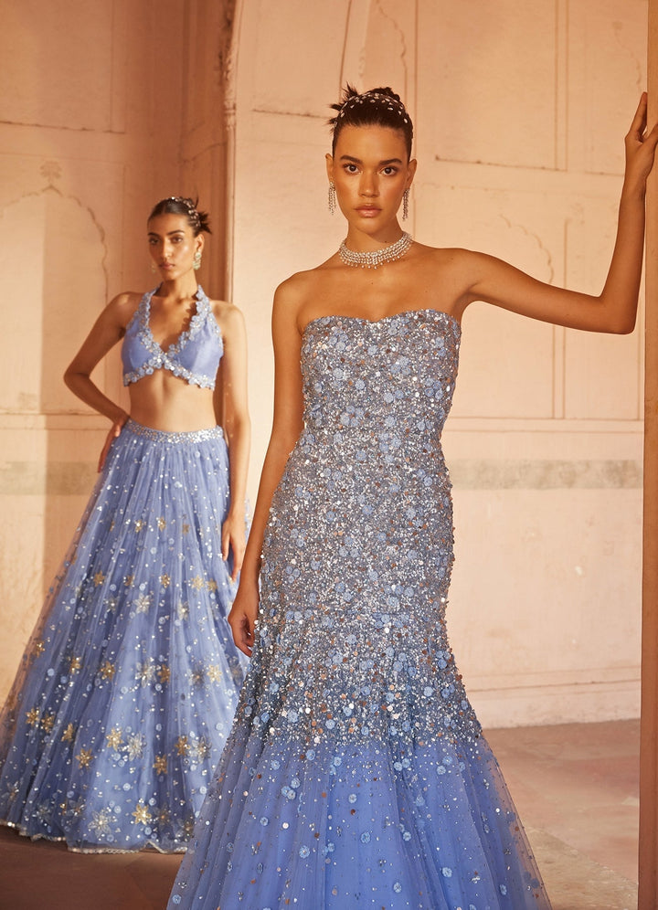 Powder Blue Applique Embellished Net Lehenga Set With Silk Halter Blouse Prevasu - Fabilicious Fashion