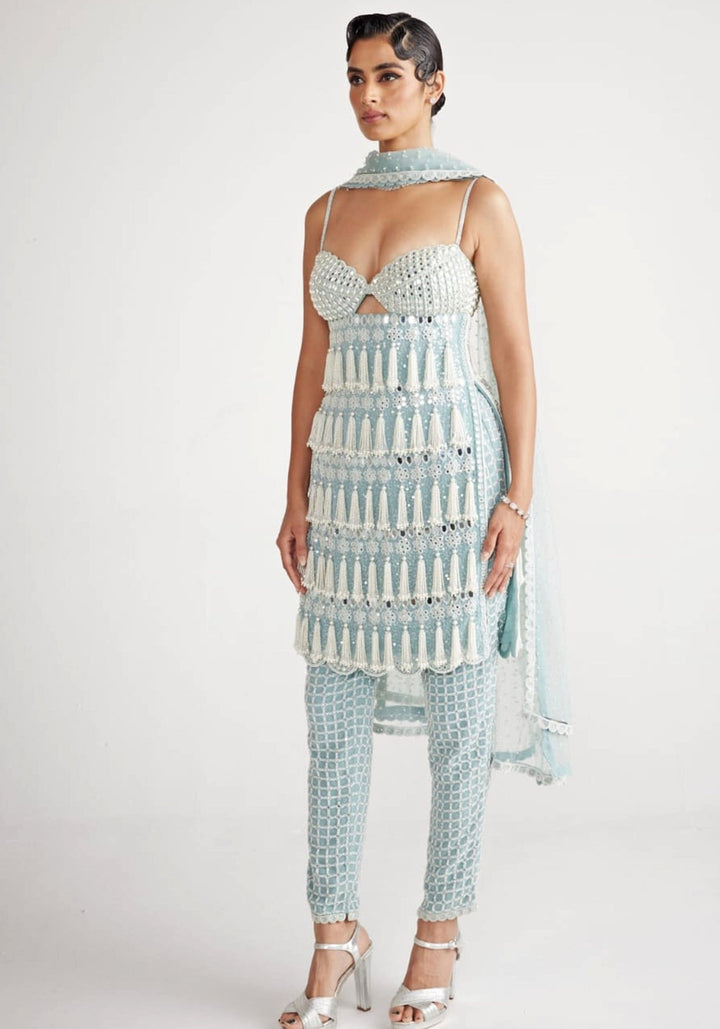Powder Blue Chandelier Pearl Drop Pant Kurta Set Vvani By Vani Vats - Fabilicious Fashion