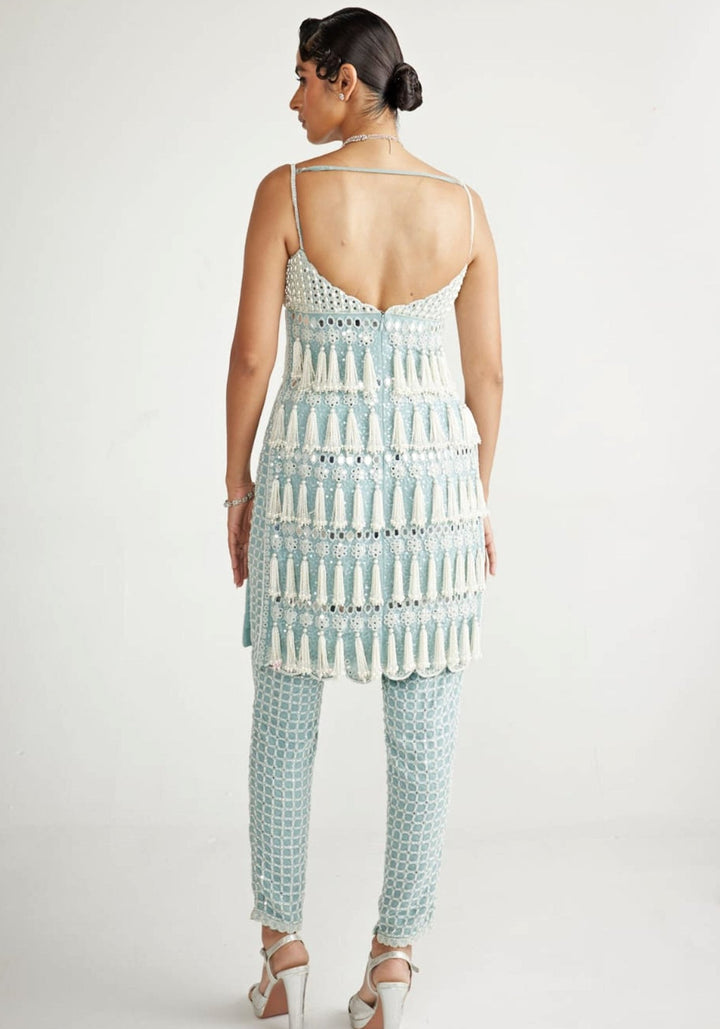 Powder Blue Chandelier Pearl Drop Pant Kurta Set Vvani By Vani Vats - Fabilicious Fashion