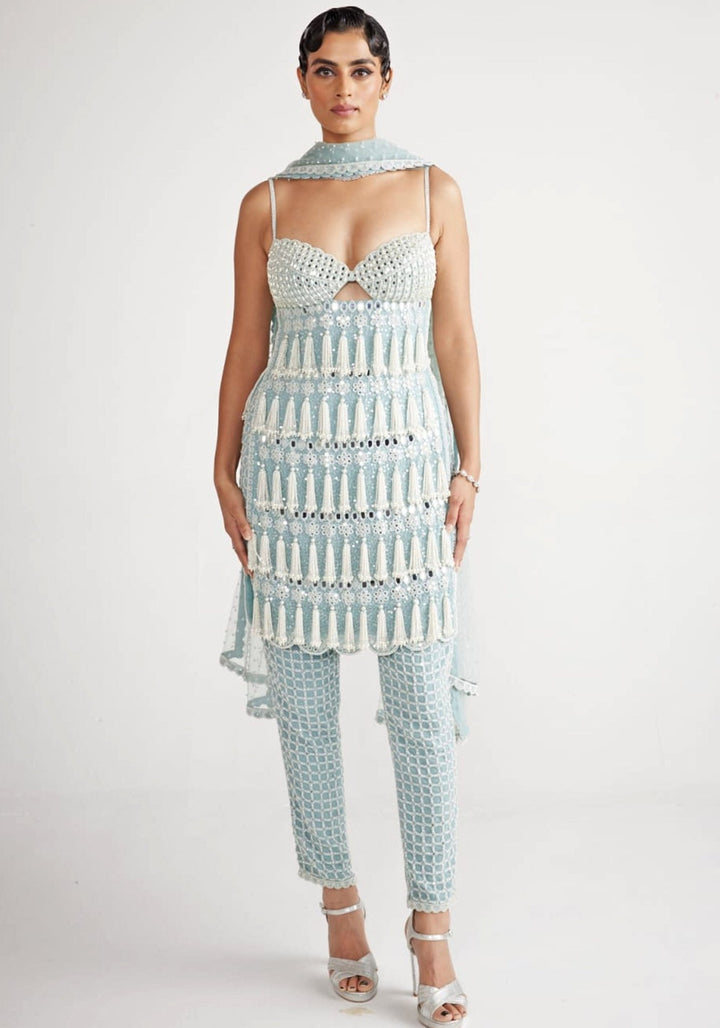 Powder Blue Chandelier Pearl Drop Pant Kurta Set Vvani By Vani Vats - Fabilicious Fashion