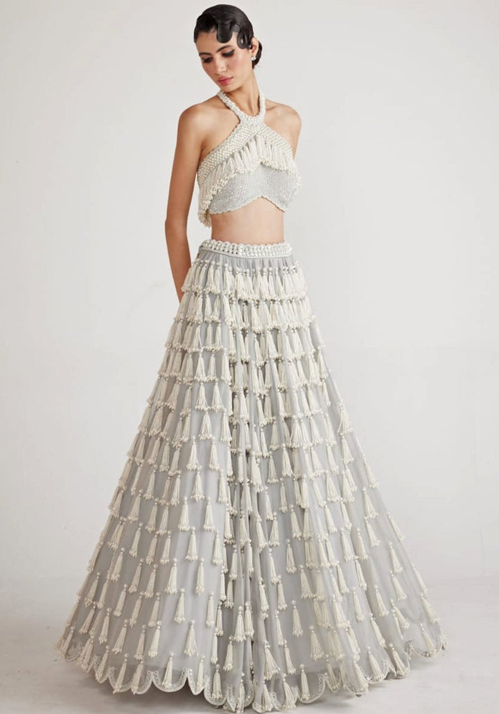 Powder Grey Chandelier Pearl Drop Lehenga Set Vvani By Vani Vats - Fabilicious Fashion
