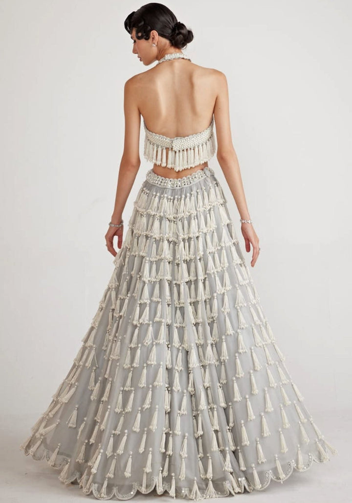 Powder Grey Chandelier Pearl Drop Lehenga Set Vvani By Vani Vats - Fabilicious Fashion
