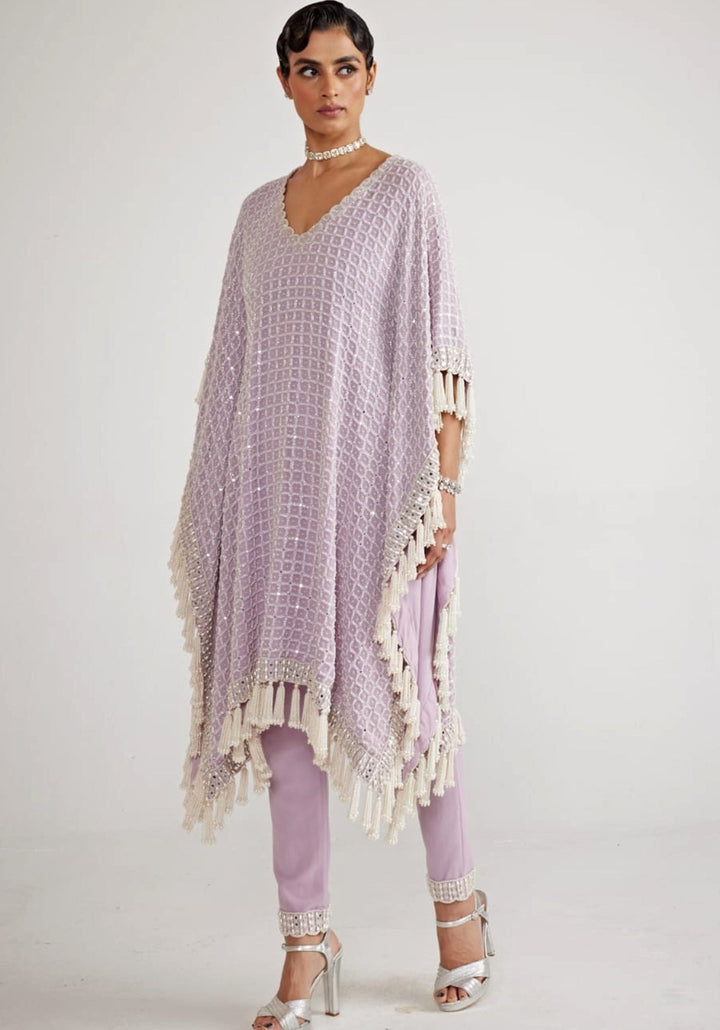Powder Lilac Chandelier Pearl Drop Kaftan Set Vvani By Vani Vats - Fabilicious Fashion