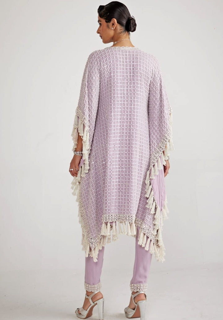 Powder Lilac Chandelier Pearl Drop Kaftan Set Vvani By Vani Vats - Fabilicious Fashion