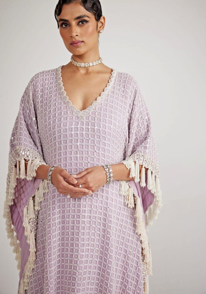 Powder Lilac Chandelier Pearl Drop Kaftan Set Vvani By Vani Vats - Fabilicious Fashion
