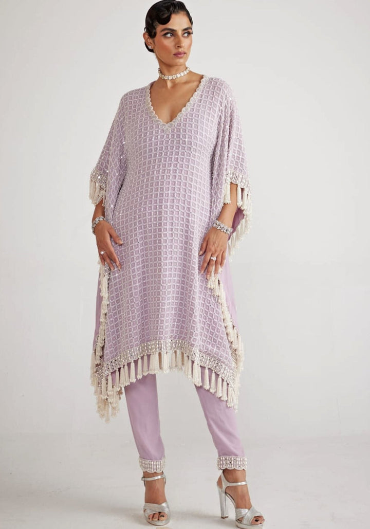 Powder Lilac Chandelier Pearl Drop Kaftan Set Vvani By Vani Vats - Fabilicious Fashion