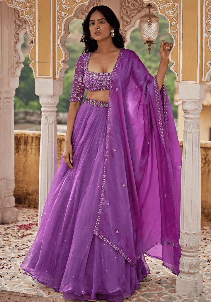 Purple Satin Organza Lehenga Set Zoon Tribe - Fabilicious Fashion