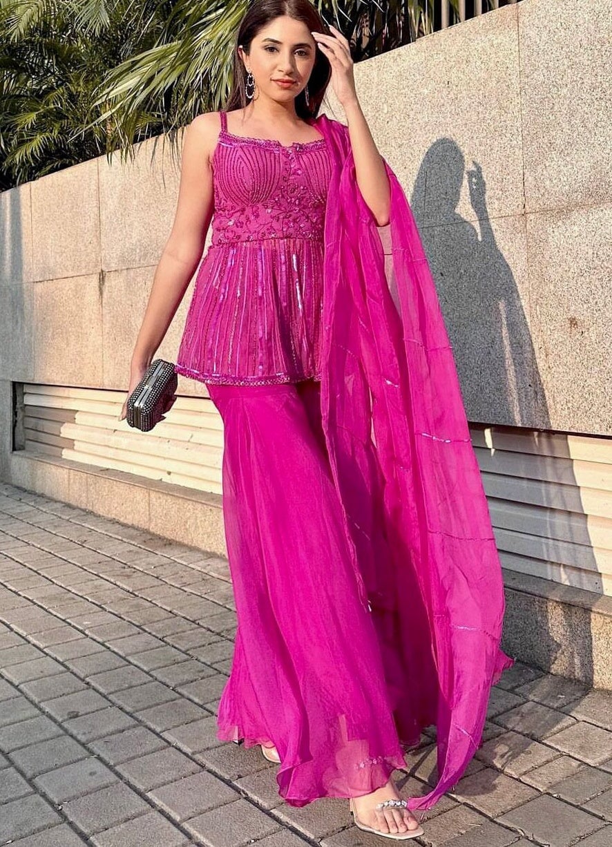 Rani Pink Peplum Kurta Sharara Set Parul Gandhi- Fabilicious Fashion