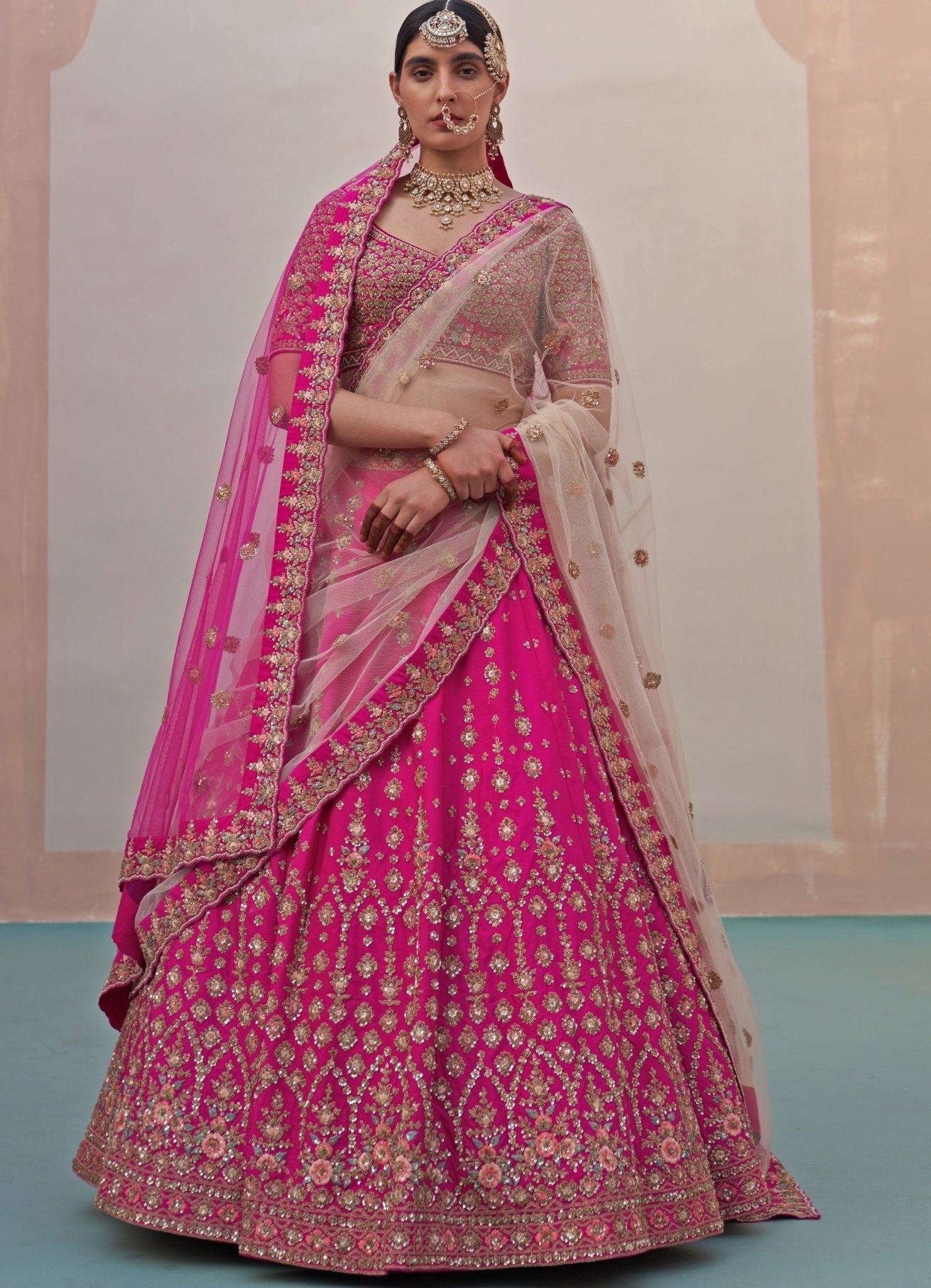 Rani Pink White and Pink Double Dupatta Lehenga Set Angad Singh-  Fabilicious Fashion