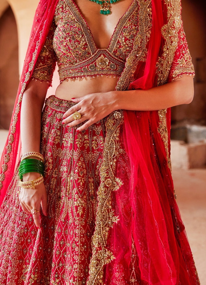 Ravishing Red Bridal Silk Lehenga Set Nitika Gujral - Fabilicious Fashion