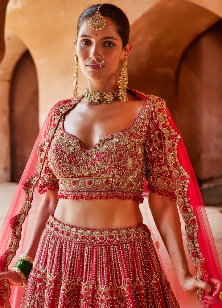 Red Bridal Silk Lehenga Set With Embellished Net Dupatta Nitika Gujral - Fabilicious Fashion