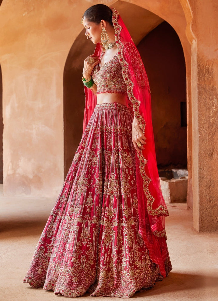 Red Bridal Silk Lehenga Set With Embellished Net Dupatta Nitika Gujral - Fabilicious Fashion