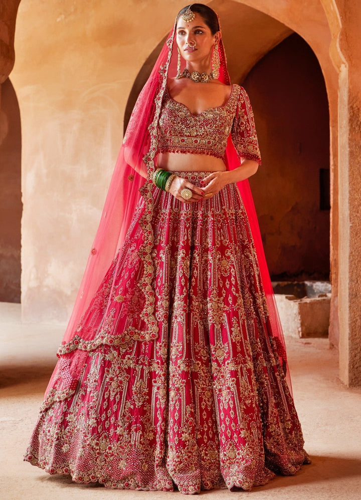 Red Bridal Silk Lehenga Set With Embellished Net Dupatta Nitika Gujral - Fabilicious Fashion