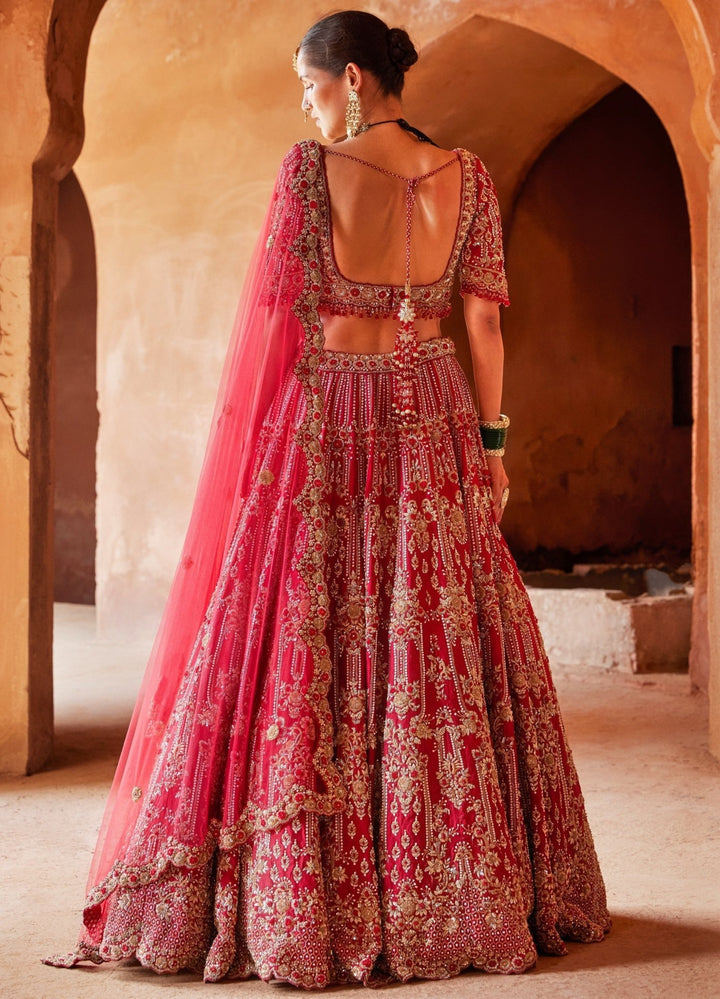 Red Bridal Silk Lehenga Set With Embellished Net Dupatta Nitika Gujral - Fabilicious Fashion