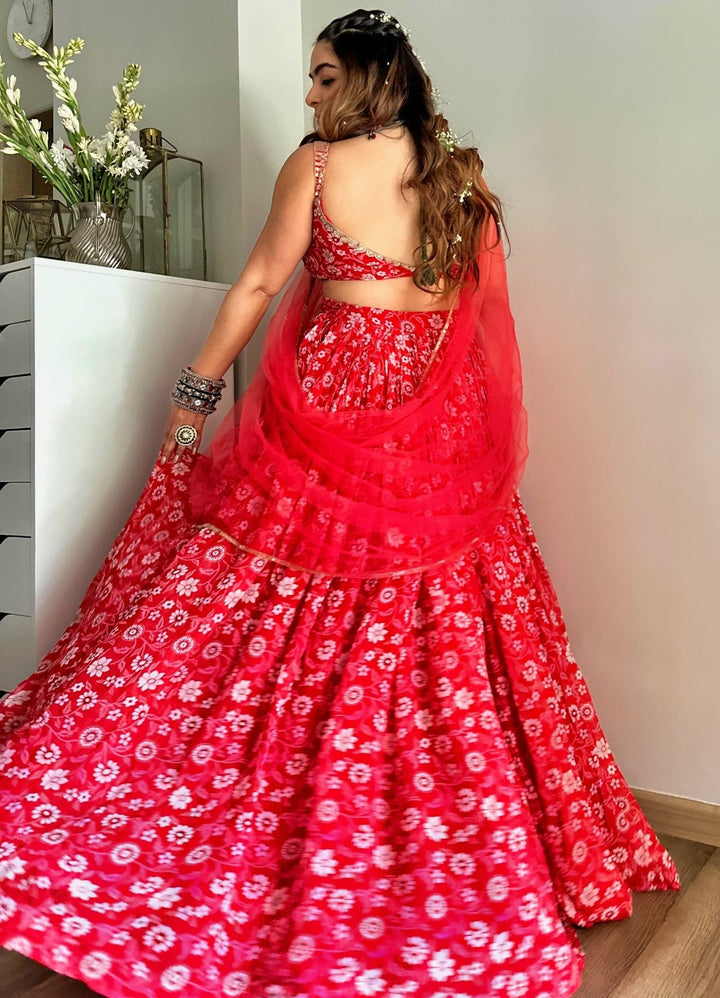 Red Floral Printed Georgette Lehenga Set With Net Dupatta Redpine - Fabilicious Fashion