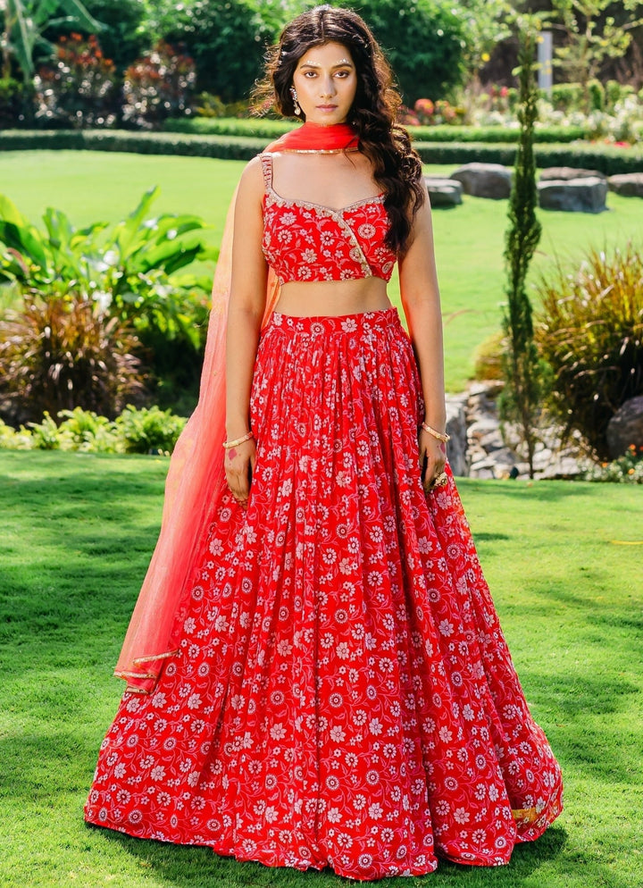 Red Floral Printed Georgette Lehenga Set With Net Dupatta Redpine - Fabilicious Fashion