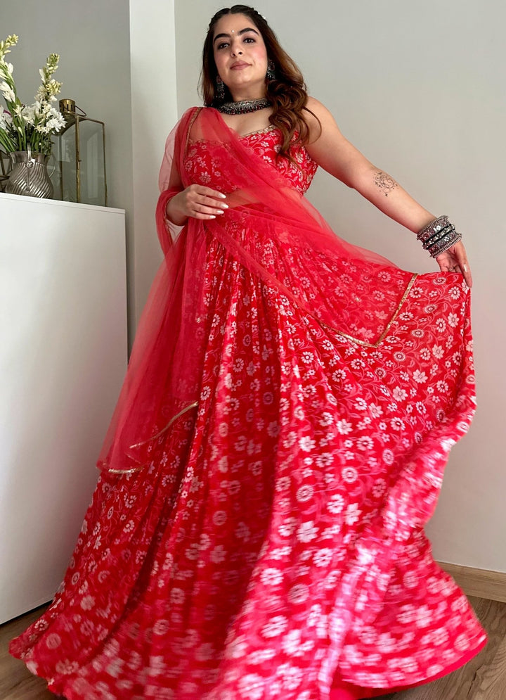 Red Floral Printed Georgette Lehenga Set With Net Dupatta Redpine - Fabilicious Fashion