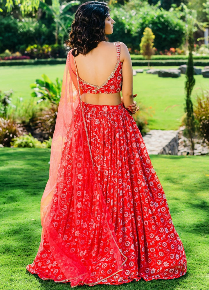 Red Floral Printed Georgette Lehenga Set With Net Dupatta Redpine - Fabilicious Fashion