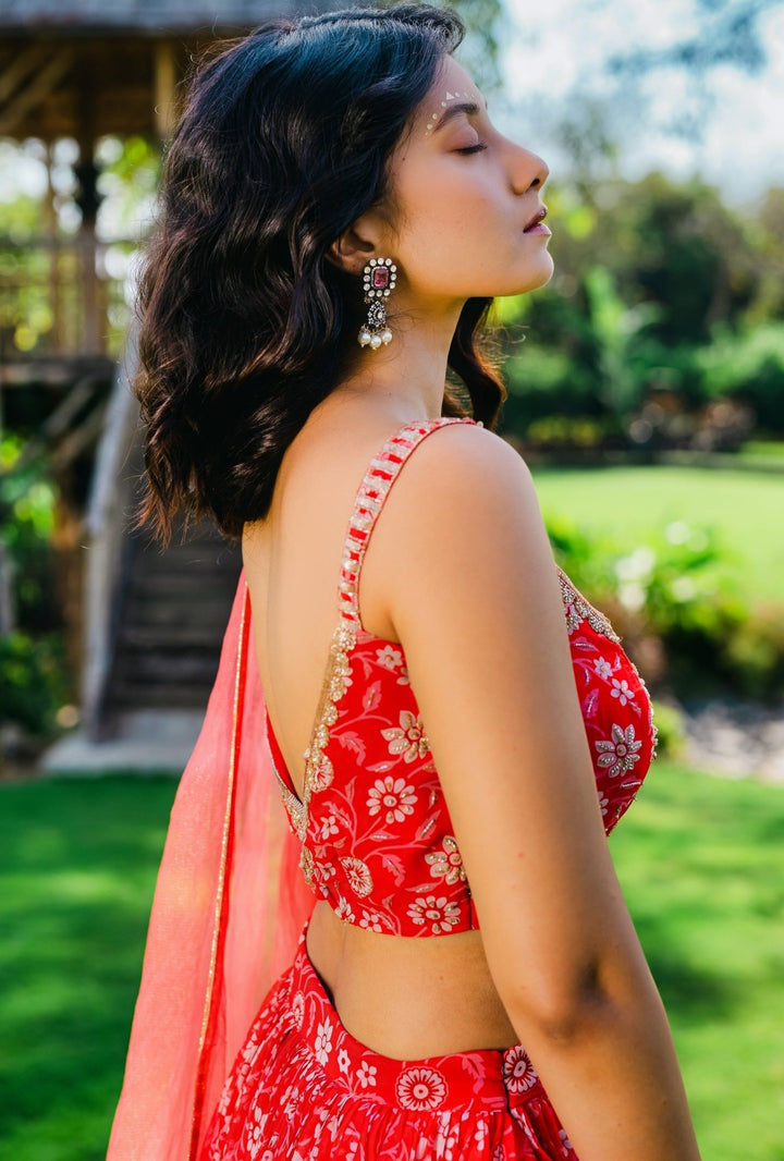 Red Floral Printed Georgette Lehenga Set With Net Dupatta Redpine - Fabilicious Fashion