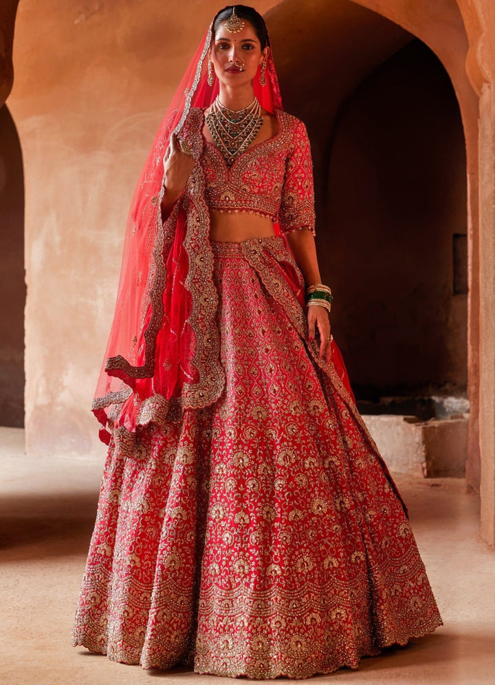 Red Ombre Dyed Bridal Silk Lehenga Set Nitika Gujral - Fabilicious Fashion