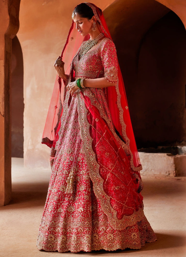Red Ombre Dyed Bridal Silk Lehenga Set Nitika Gujral - Fabilicious Fashion