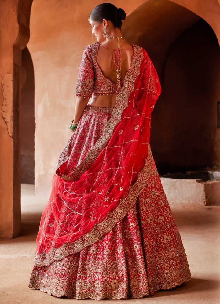 Red Ombre Dyed Bridal Silk Lehenga Set Nitika Gujral - Fabilicious Fashion