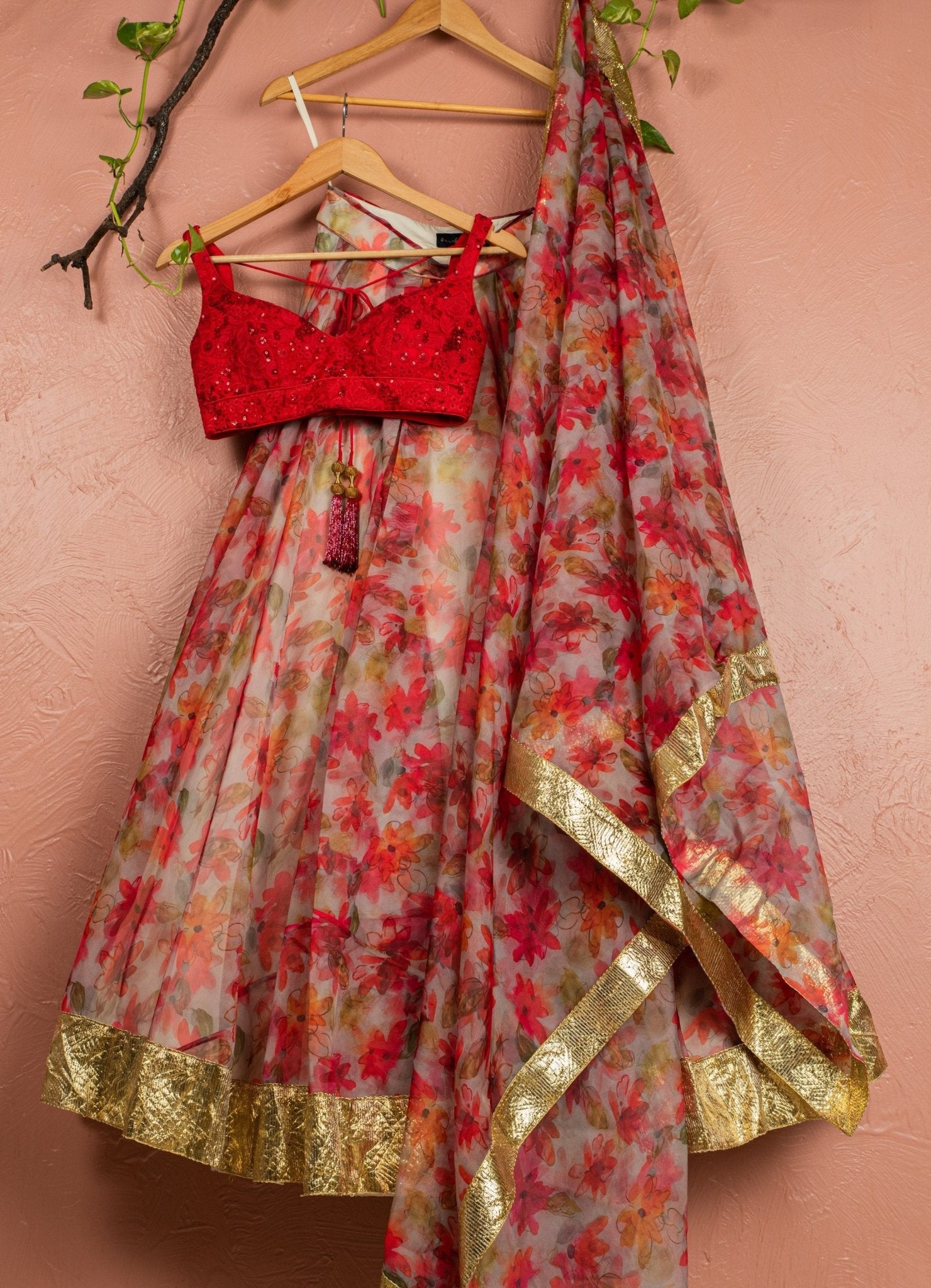 Red Printed Lehenga With Red Embroidered Blouse and Printed