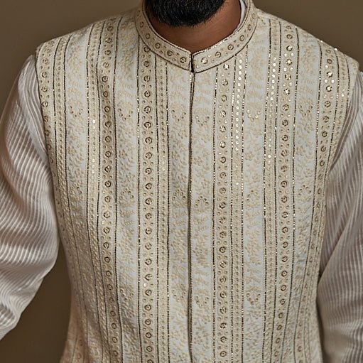 Regal Saga Sleeveless Ivory Sherwani Set Contrast by Parth - Fabilicious Fashion