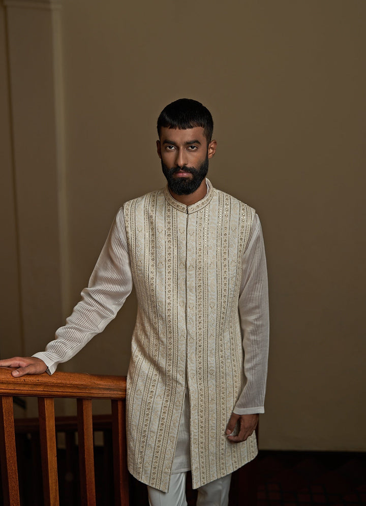 Regal Saga Sleeveless Ivory Sherwani Set Contrast by Parth - Fabilicious Fashion