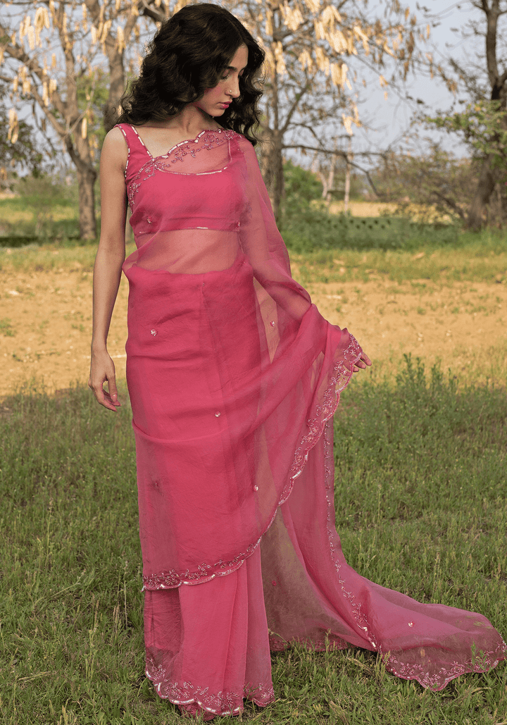 Rose Pink Embroidered Saree Set Zoon Tribe - Fabilicious Fashion