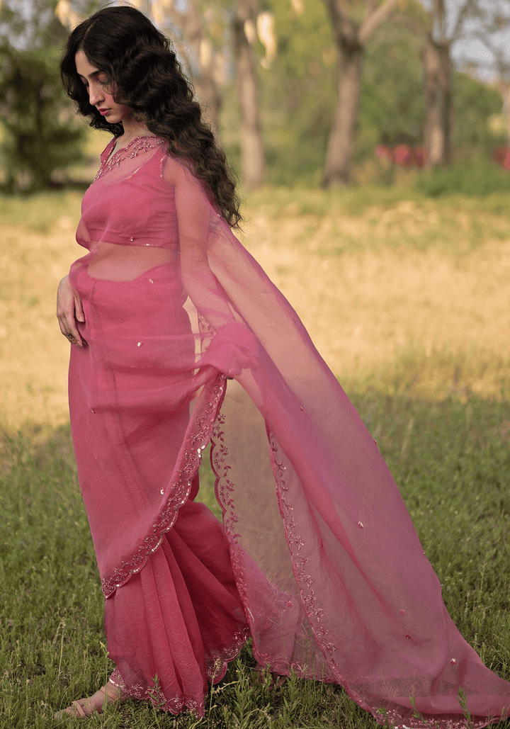 Rose Pink Embroidered Saree Set Zoon Tribe - Fabilicious Fashion