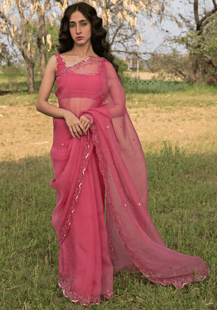 Rose Pink Embroidered Saree Set Zoon Tribe - Fabilicious Fashion