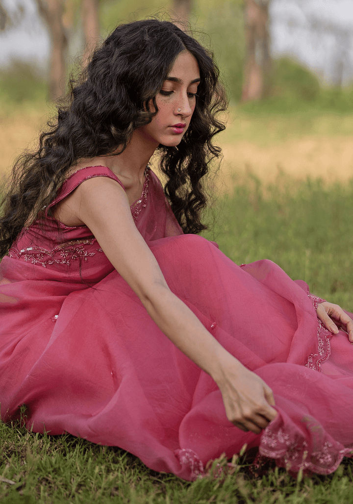 Rose Pink Embroidered Saree Set Zoon Tribe - Fabilicious Fashion