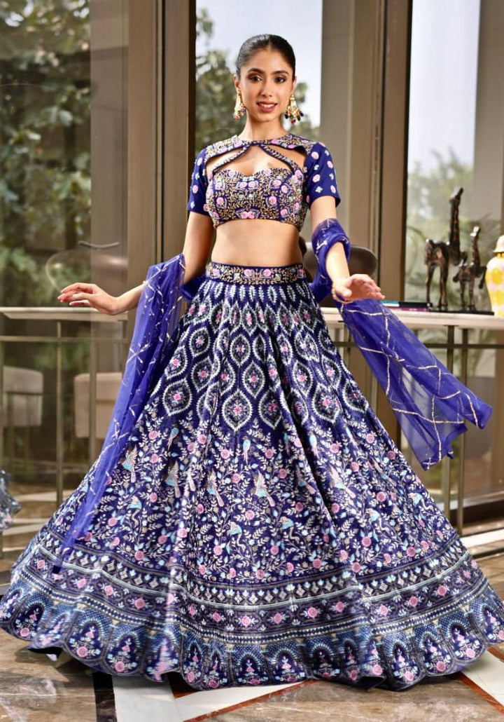 Royal Blue Printed Velvet Lehenga Set Rashika Sharma - Fabilicious Fashion