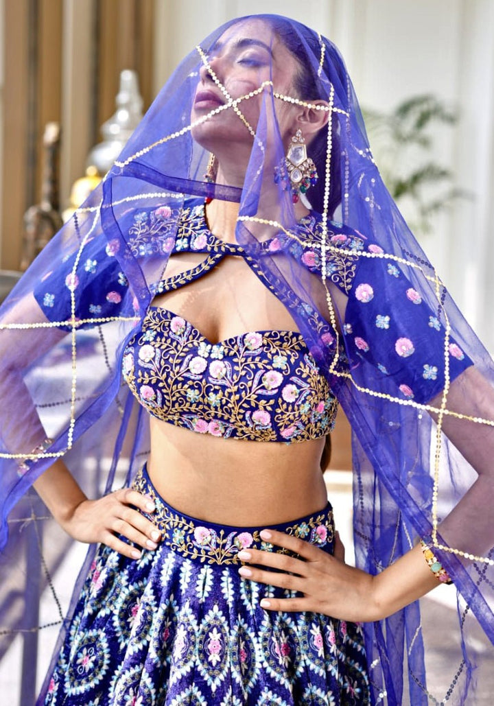 Royal Blue Printed Velvet Lehenga Set Rashika Sharma - Fabilicious Fashion