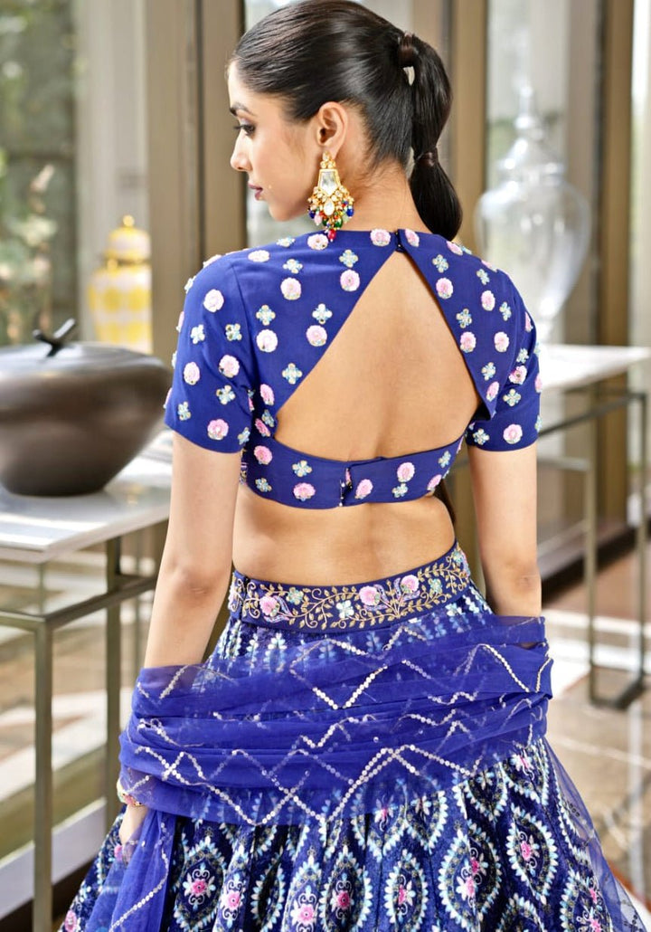 Royal Blue Printed Velvet Lehenga Set Rashika Sharma - Fabilicious Fashion