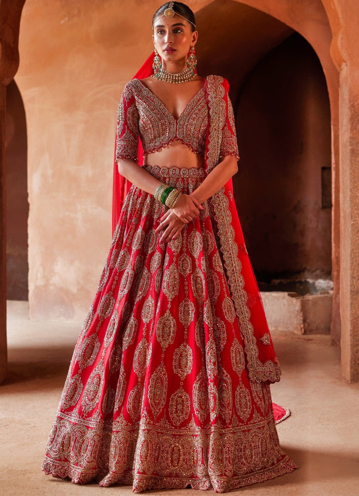 Scarlet Red Bridal Silk Lehenga With Gold Embellished Work Nitika Gujral - Fabilicious Fashion