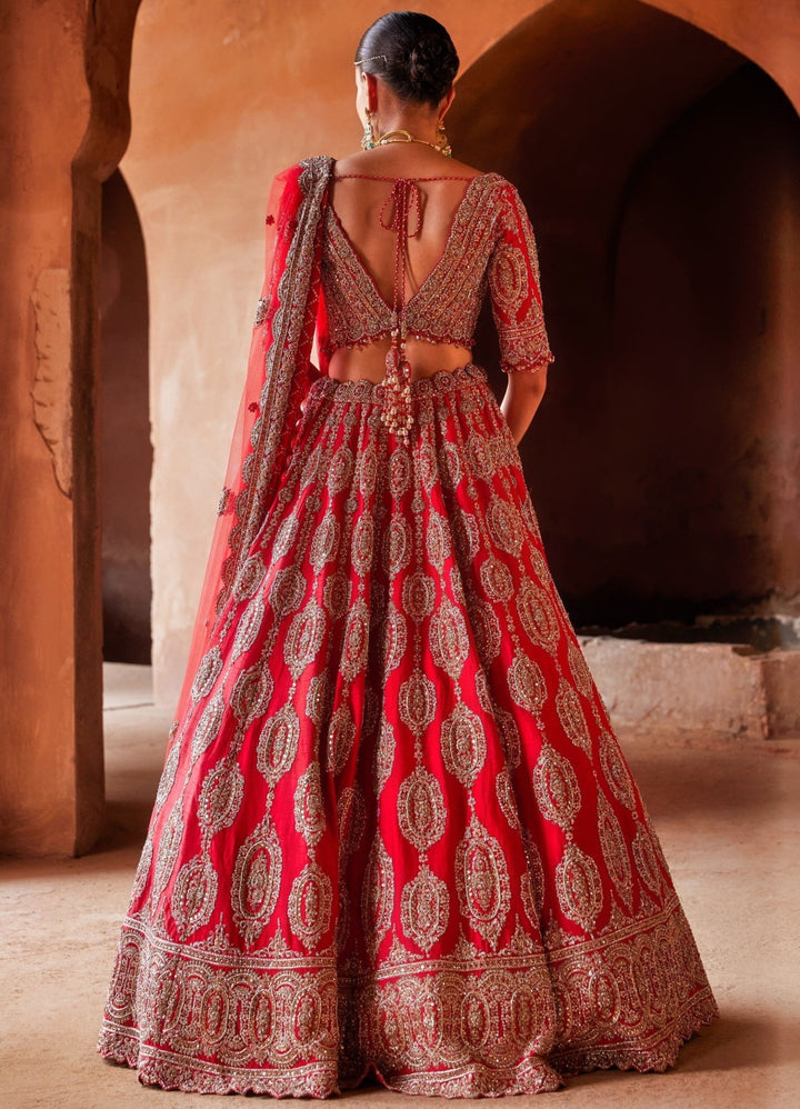 Scarlet Red Bridal Silk Lehenga With Gold Embellished Work Nitika Gujral - Fabilicious Fashion