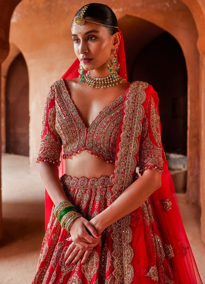 Scarlet Red Bridal Silk Lehenga With Gold Embellished Work Nitika Gujral - Fabilicious Fashion