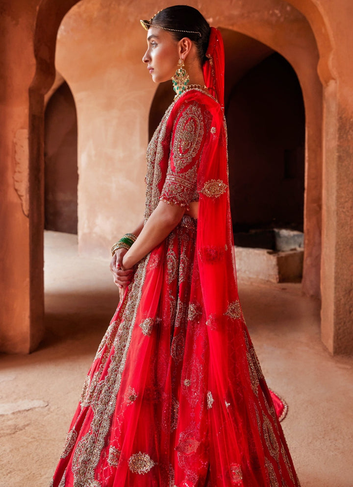 Scarlet Red Bridal Silk Lehenga With Gold Embellished Work Nitika Gujral - Fabilicious Fashion