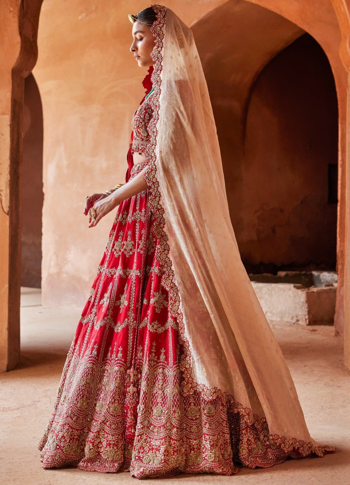 Scarlet Red Bridal Silk Lehenga With Gold Floral Detailing Nitika Gujral - Fabilicious Fashion
